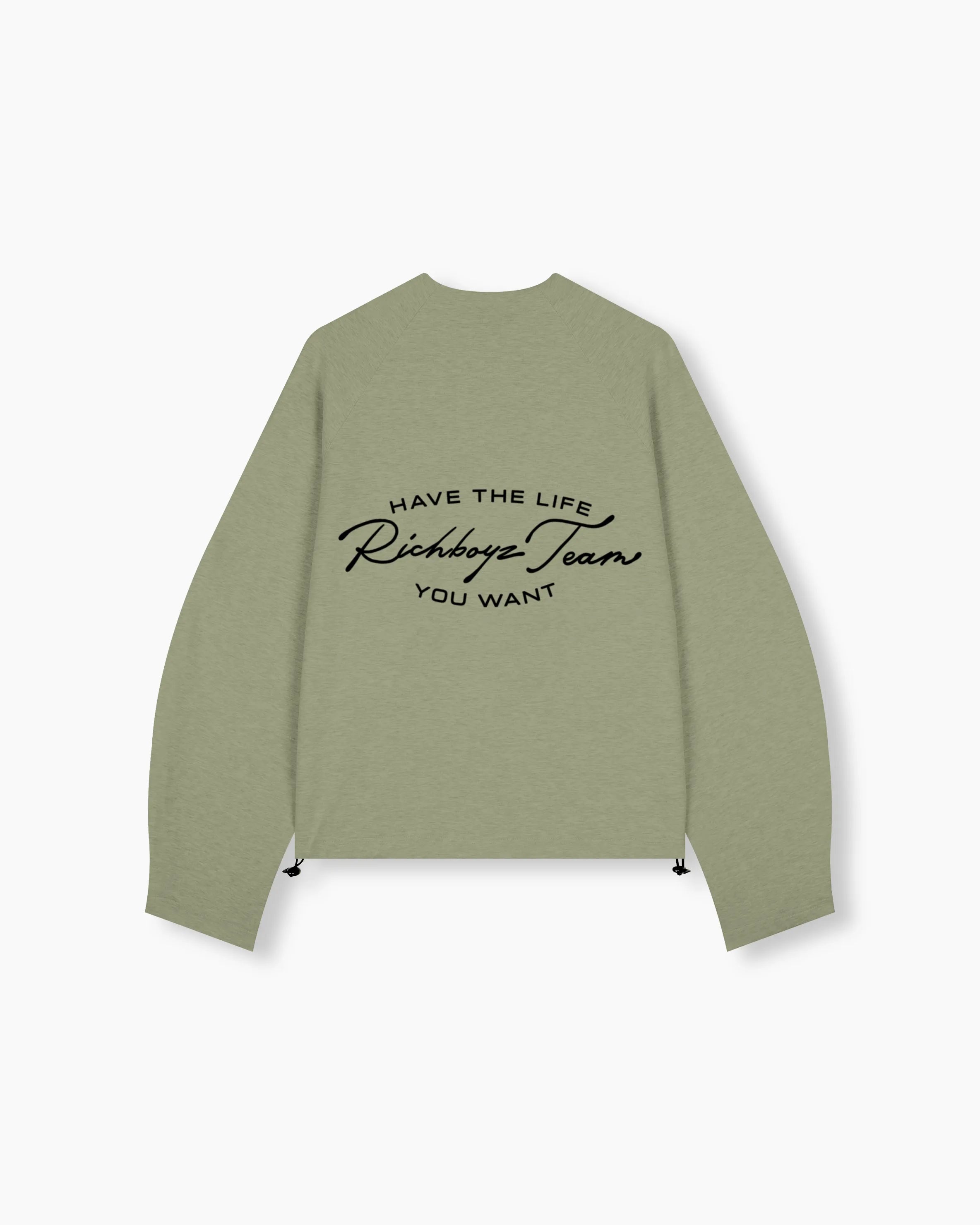 Green jacket with text on the back against a white background