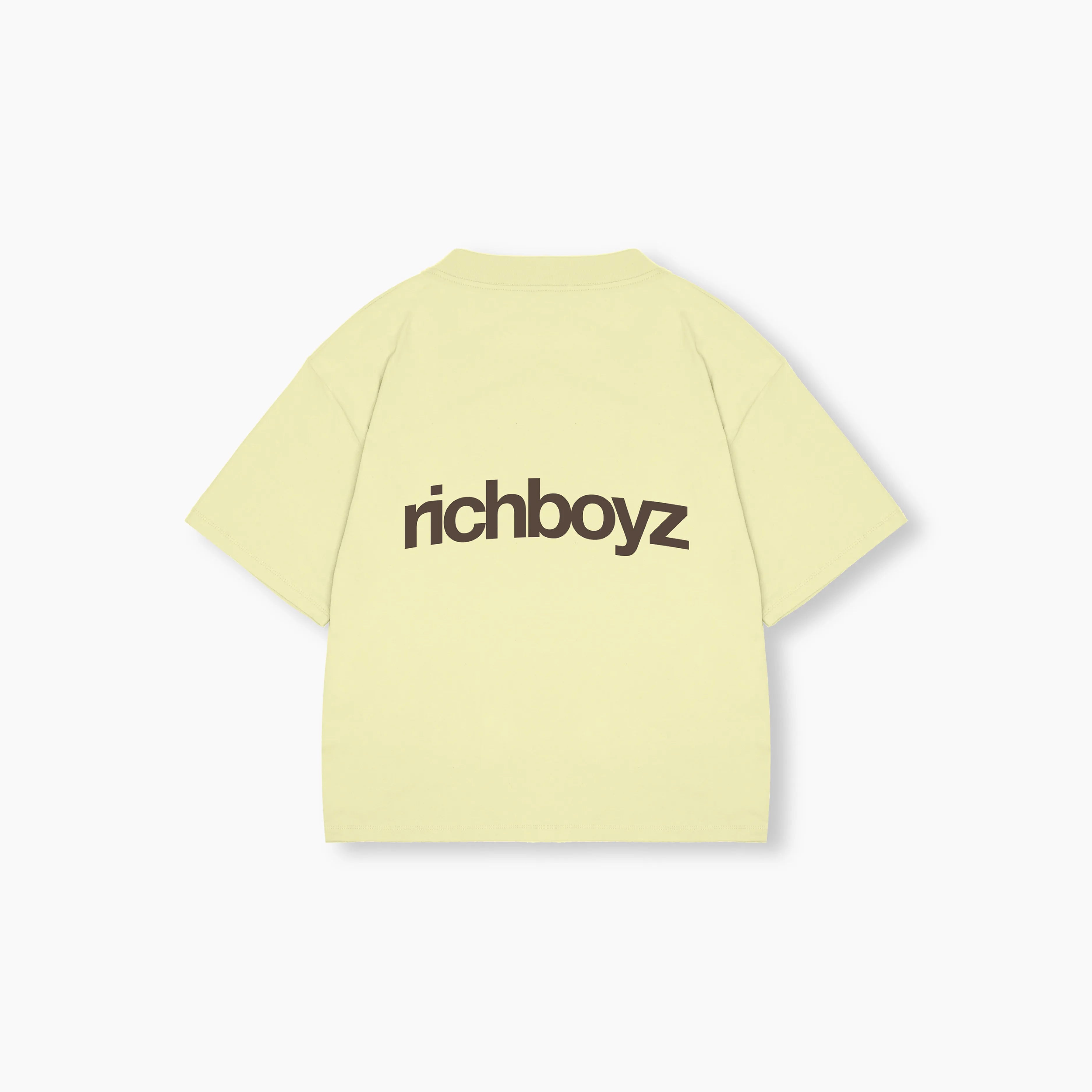 Light yellow t-shirt with 'richboyz' text on a white background