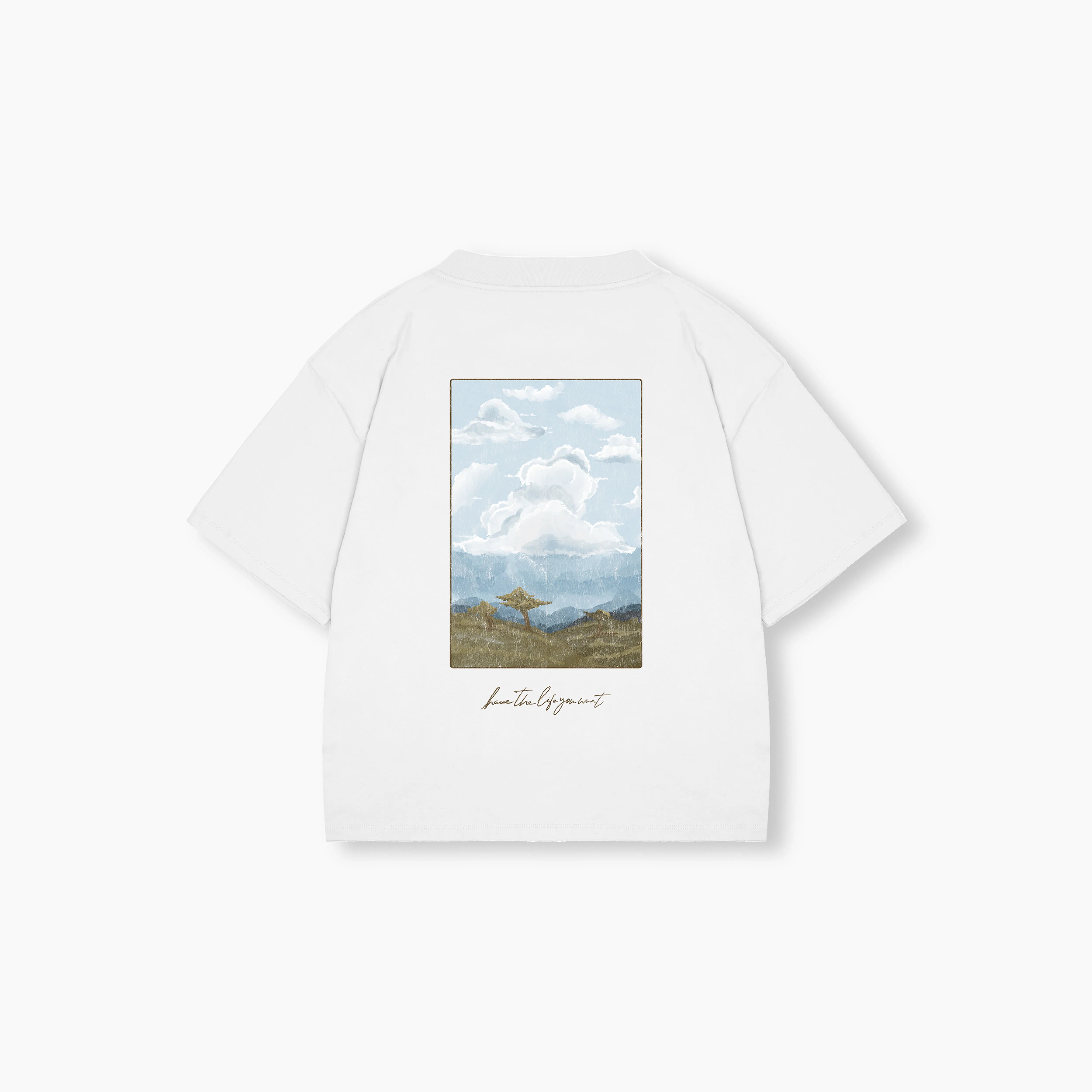 White t-shirt with a scenic print on a white background