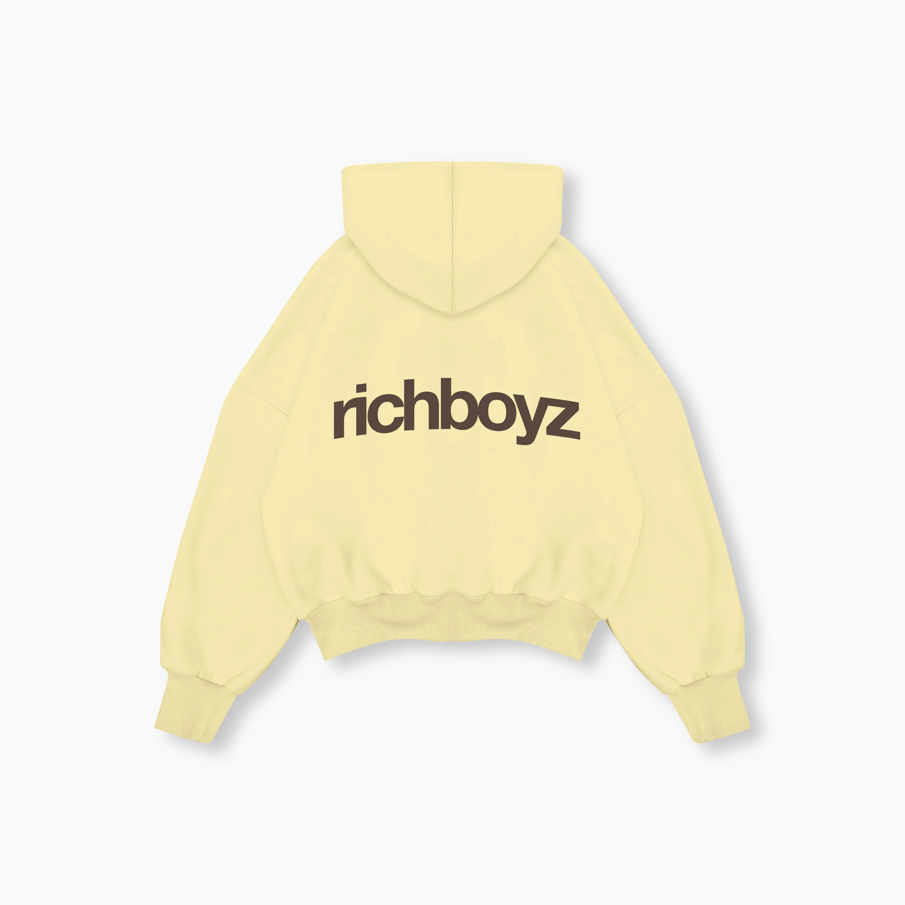 Yellow hoodie with 'richboyz' text on the back against a white background