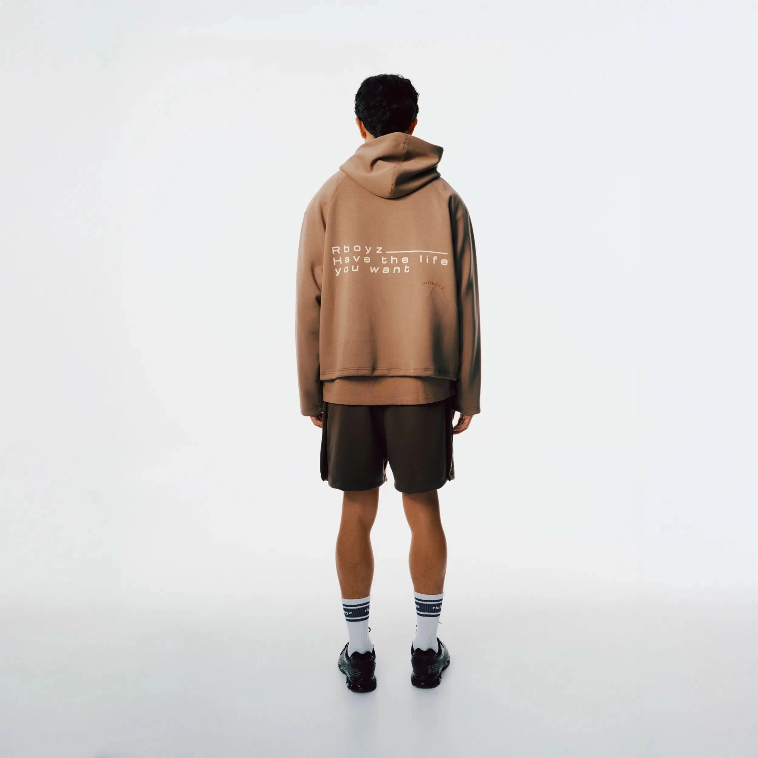 Richboyz Airy Quarter Zip Hoodie Khaki lifestyle shot, post-workout luxury streetwear, Wear The After collection