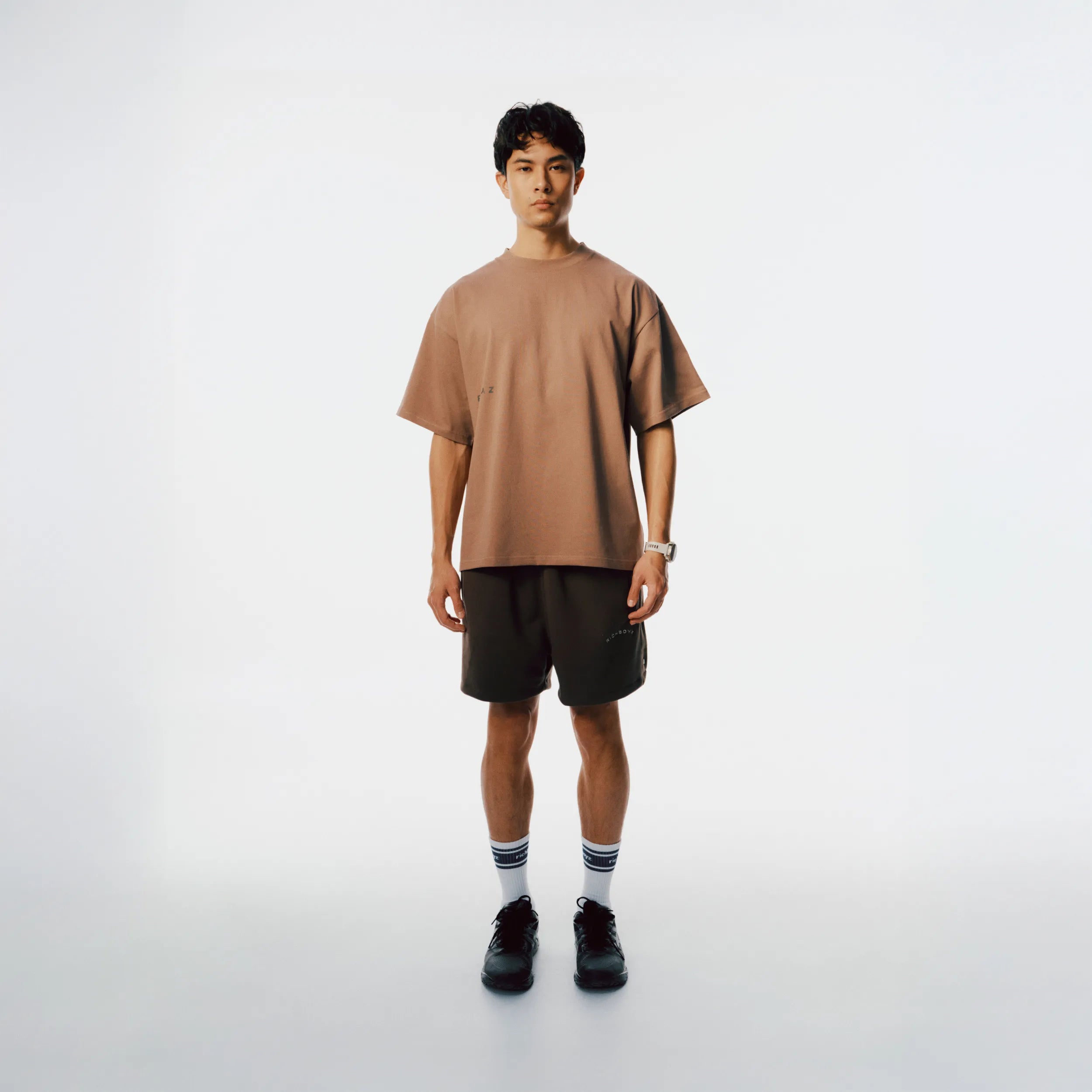 Richboyz Club Tee Khaki lifestyle shot, post-workout luxury streetwear, Wear The After collection
