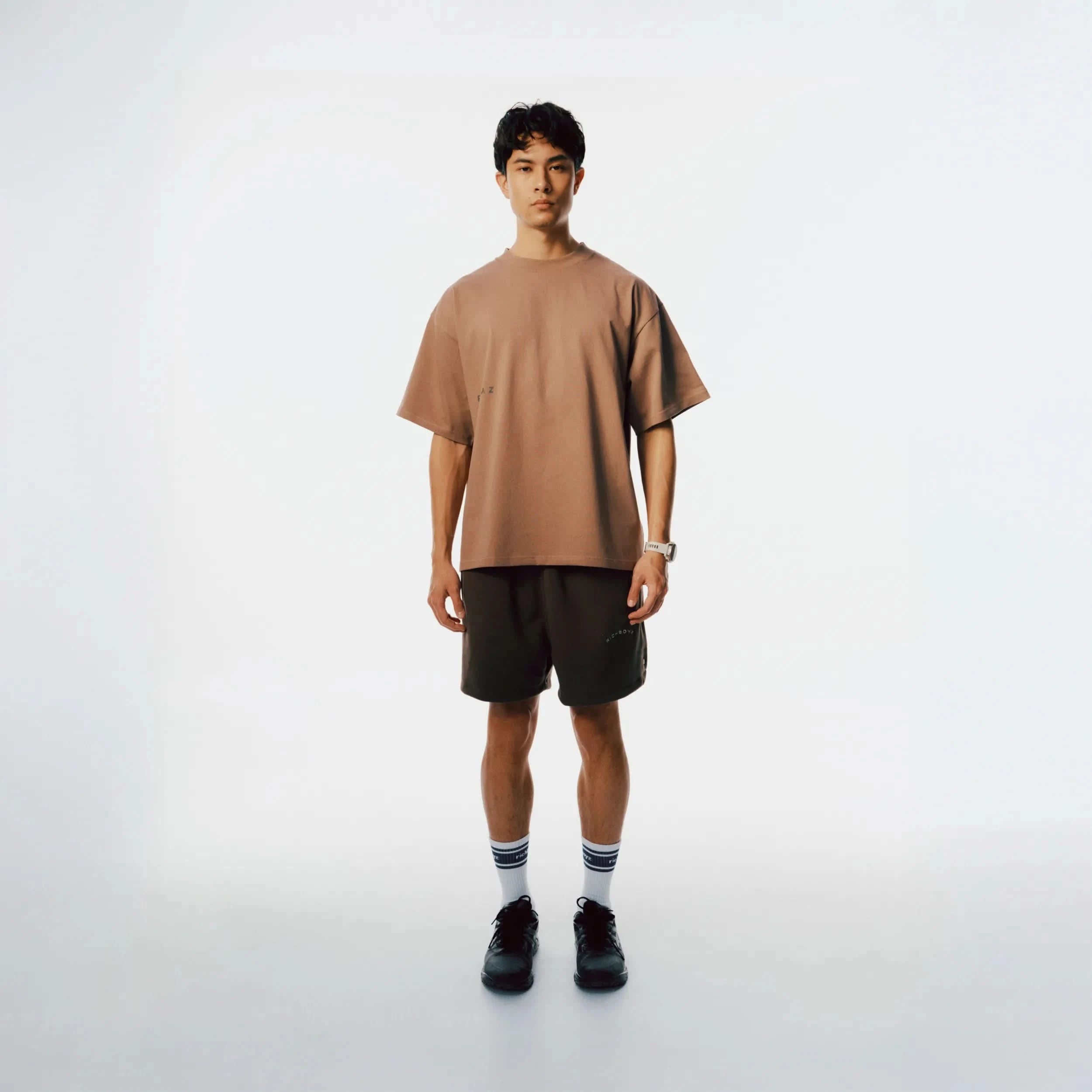 Richboyz Club Tee Khaki lifestyle shot, post-workout luxury streetwear, Wear The After collection