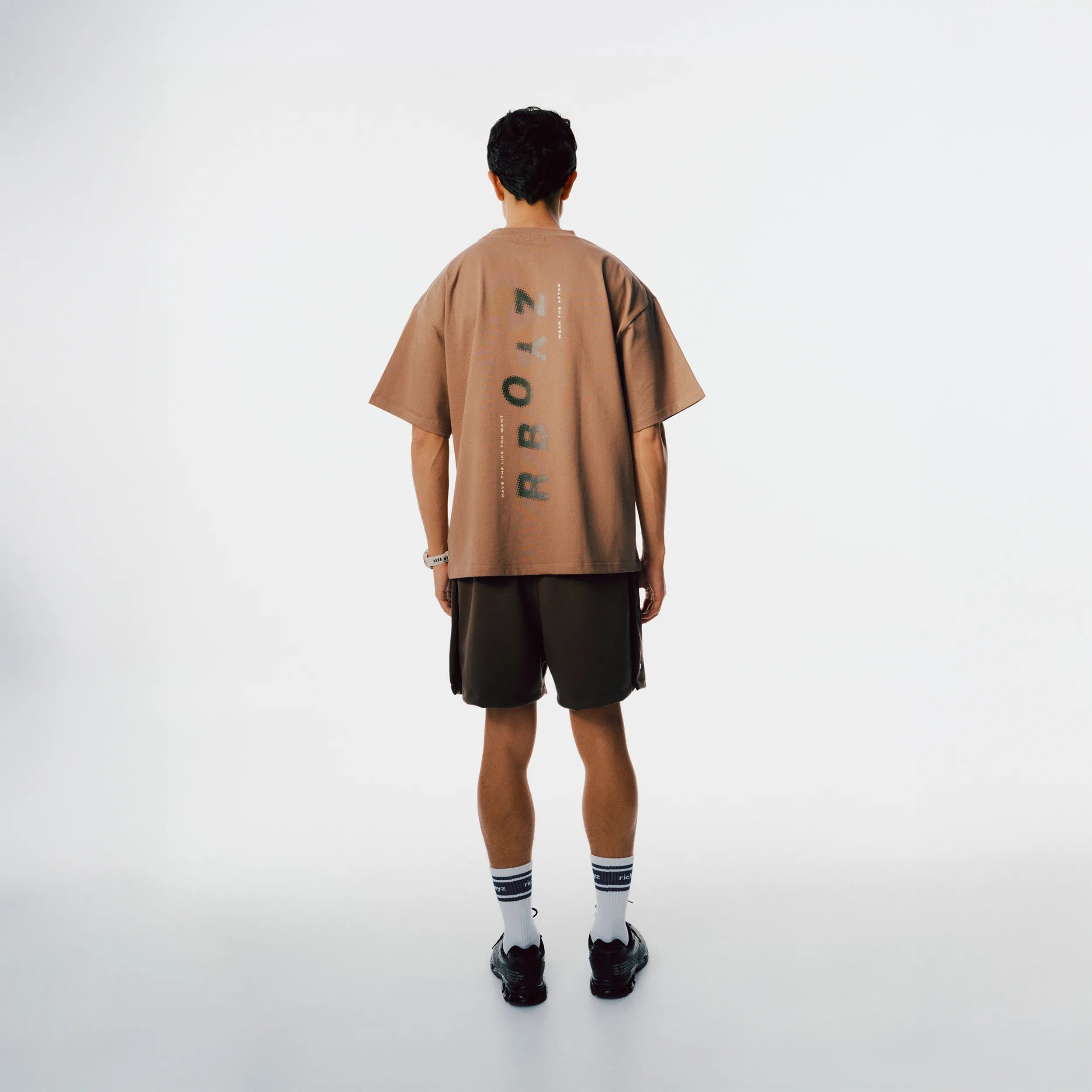 Richboyz Club Tee Khaki lifestyle shot, post-workout luxury streetwear, Wear The After collection