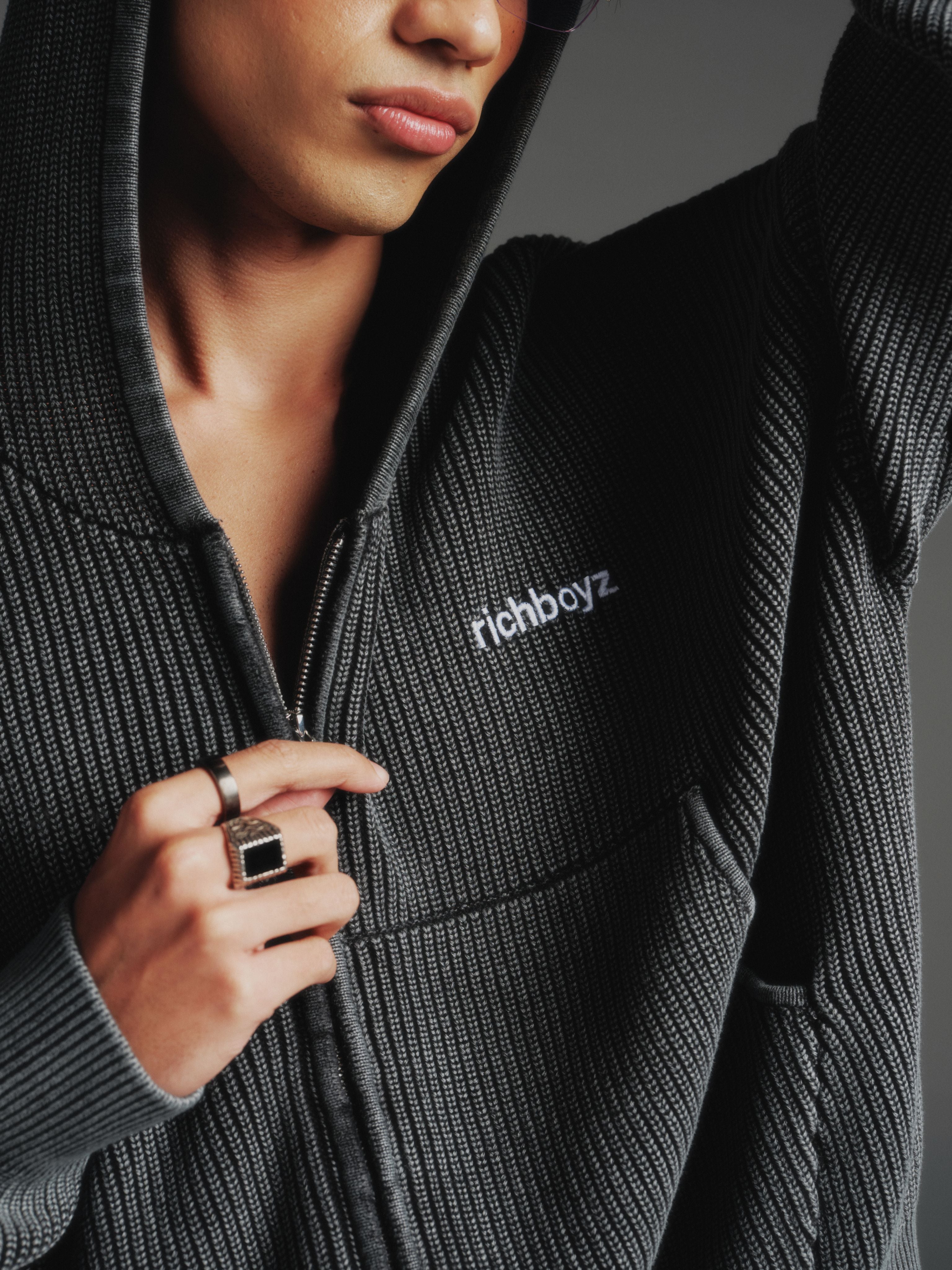 Ribbed cotton knit detail with full zip – Richboyz black streetwear hoodie