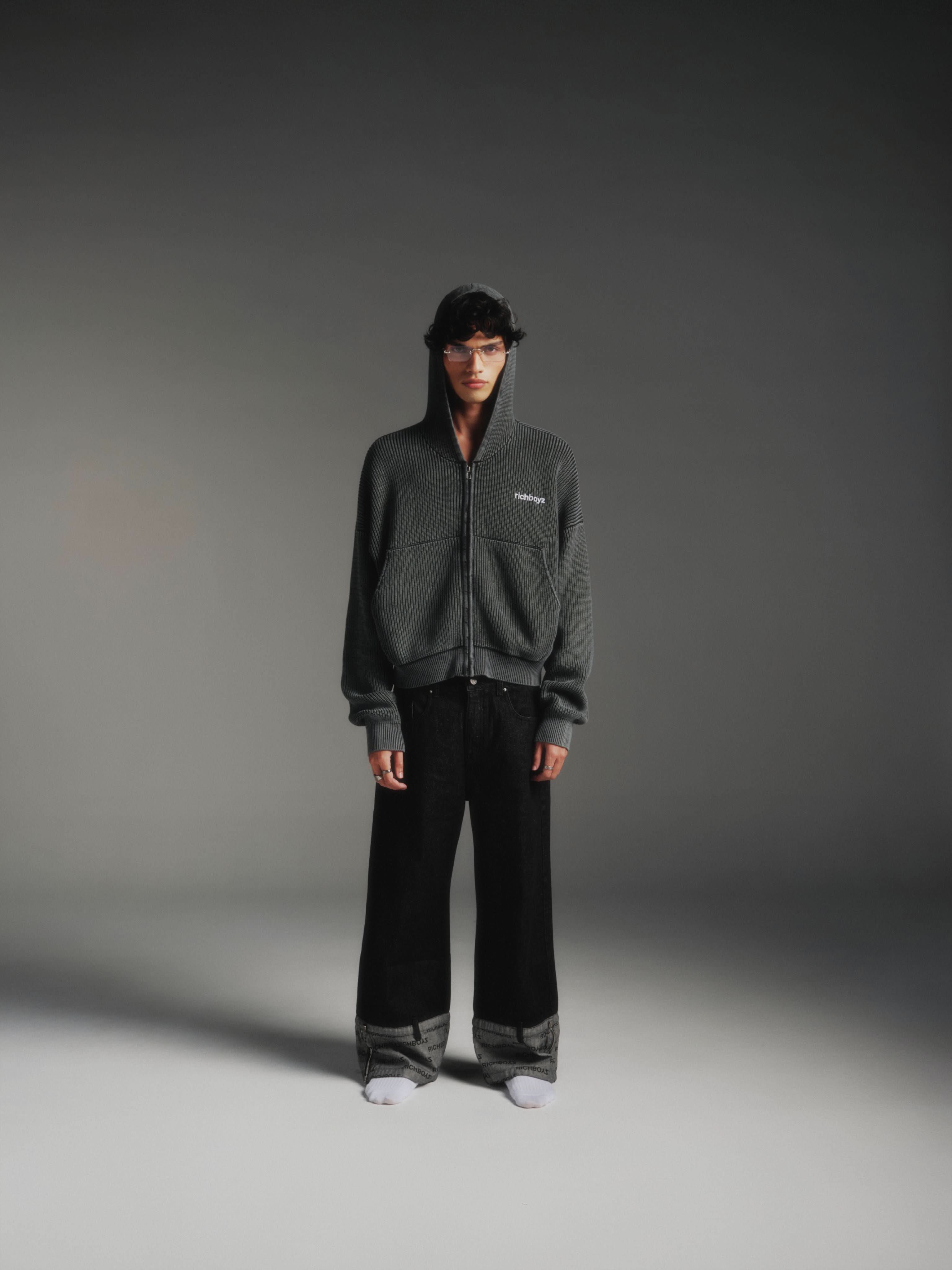 Men’s full zip knit hoodie in dark tone – boxy fit streetwear from Richboyz