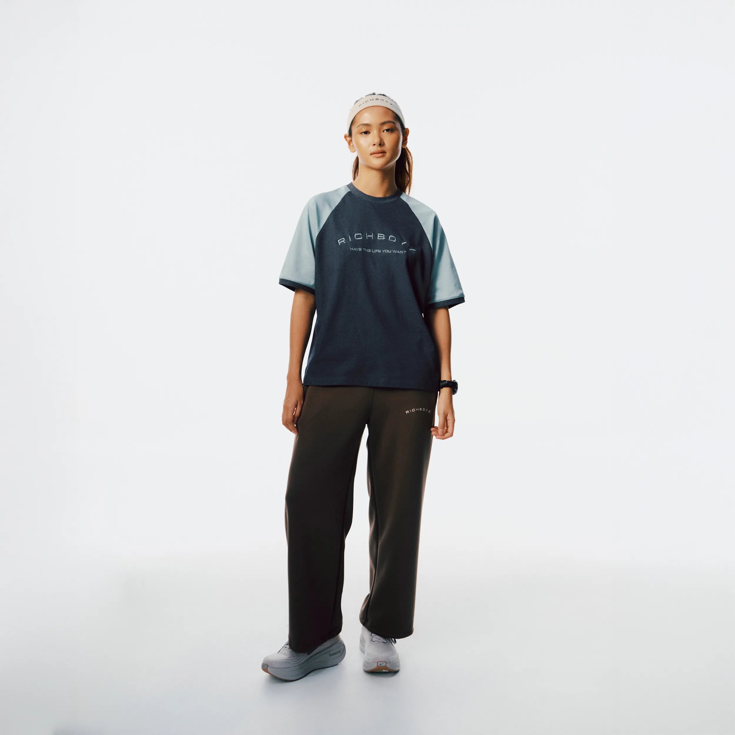 Richboyz Raglan Tee Denim Blue lifestyle shot, post-workout luxury streetwear, Wear The After collection