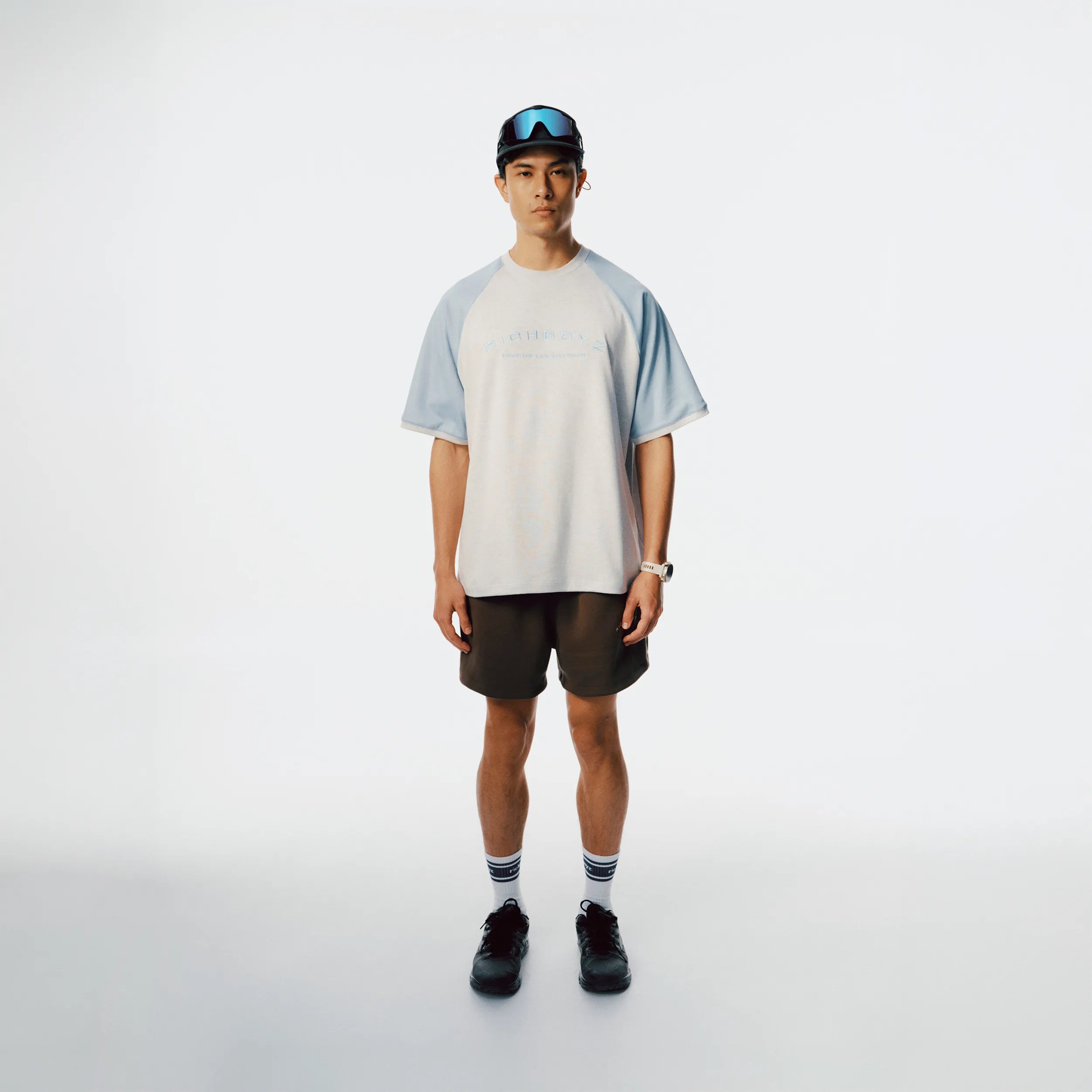 Richboyz Raglan Tee Heather Gray lifestyle shot, post-workout luxury streetwear, Wear The After collection