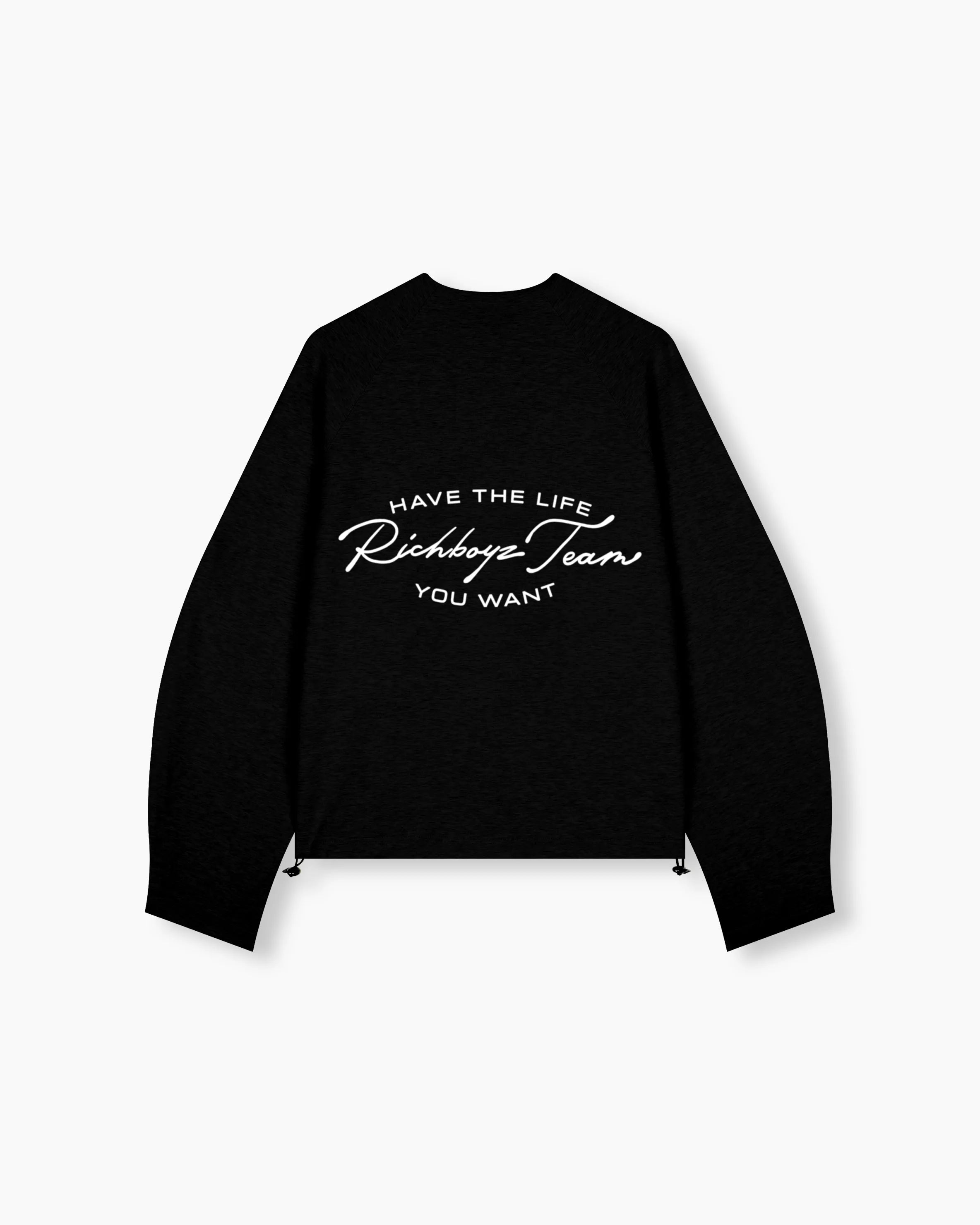 Black jacket with white text on a white background