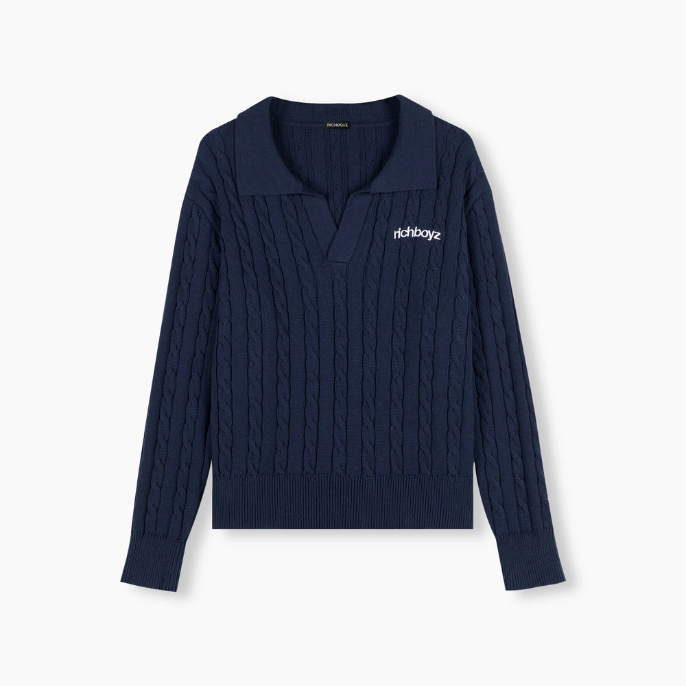 Cable Knit Polo Sweater - Everblue