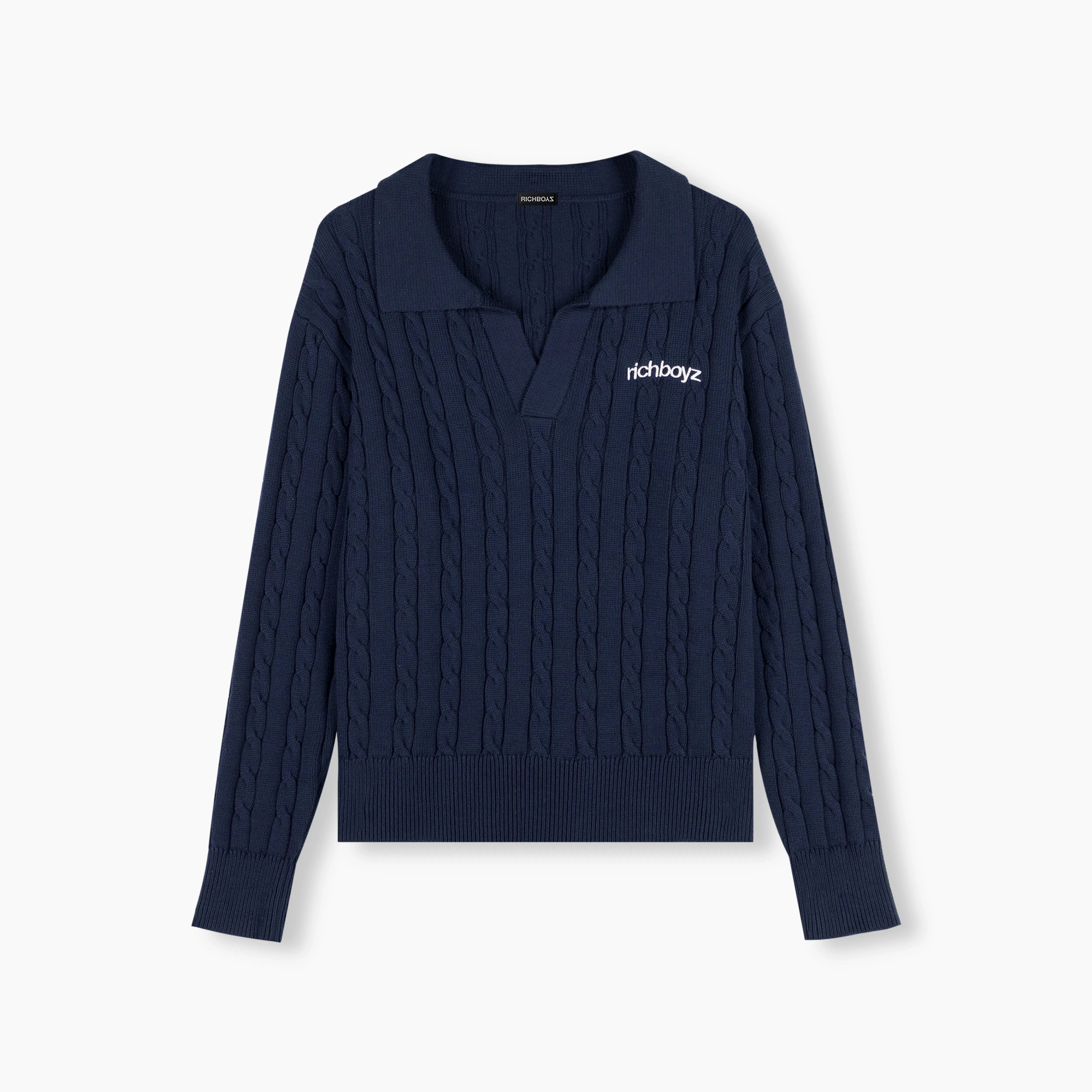 Cable Knit Polo Sweater - Everblue