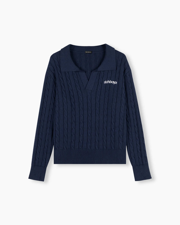 Cable Knit Polo Sweater - Everblue