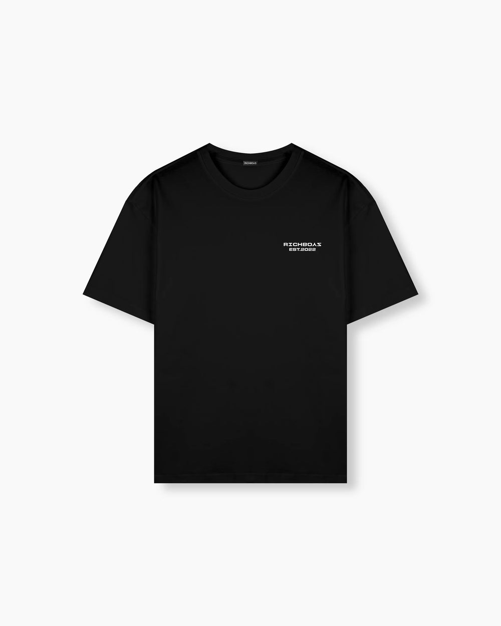 Black t-shirt with a small white logo on a white background