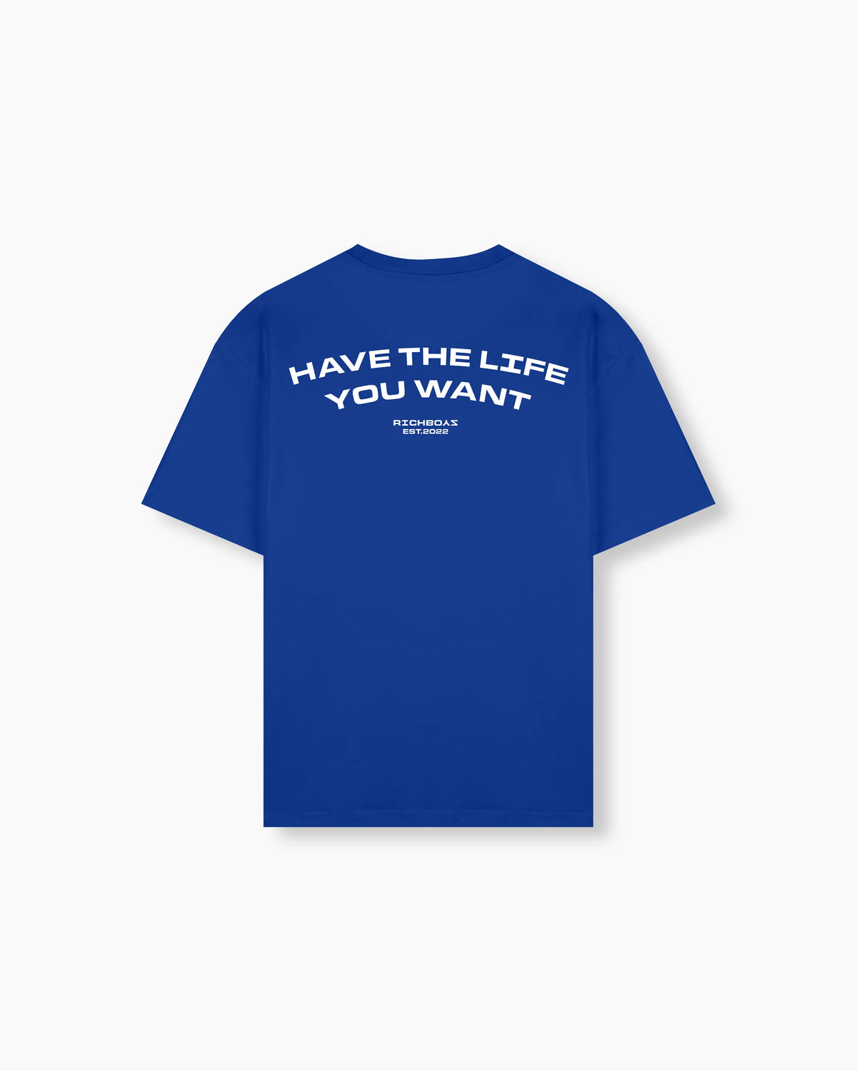 Blue t-shirt with text on the back on a white background