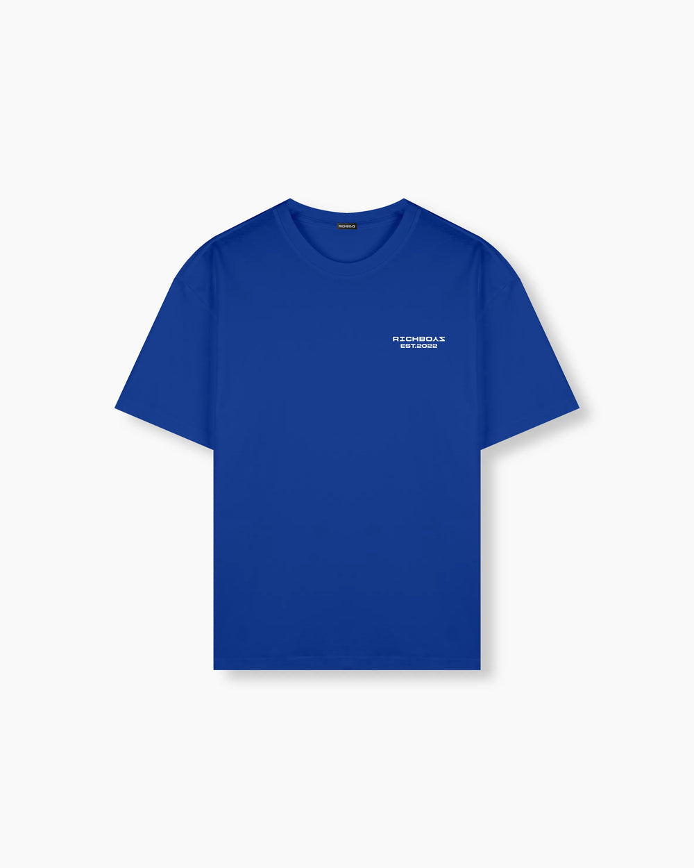 Blue t-shirt with a small white logo on a white background