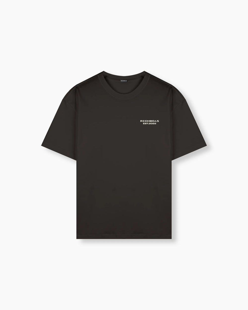 Black t-shirt with a small white logo on a white background