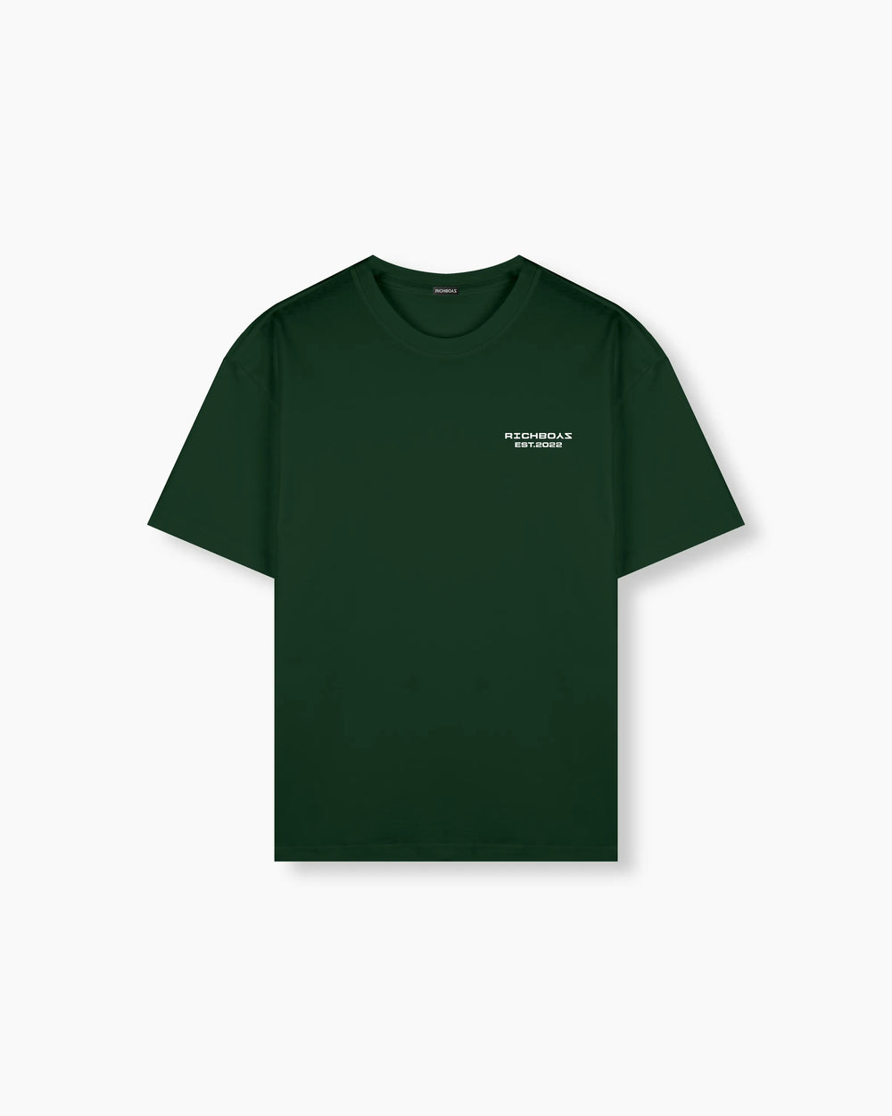 Black t-shirt with a small white logo on a white background