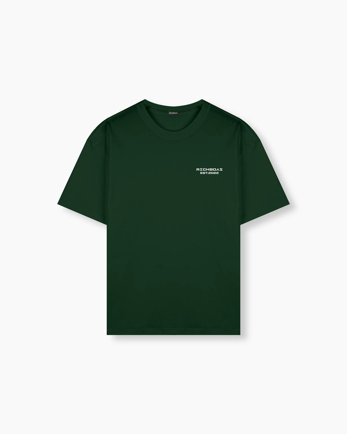 Black t-shirt with a small white logo on a white background