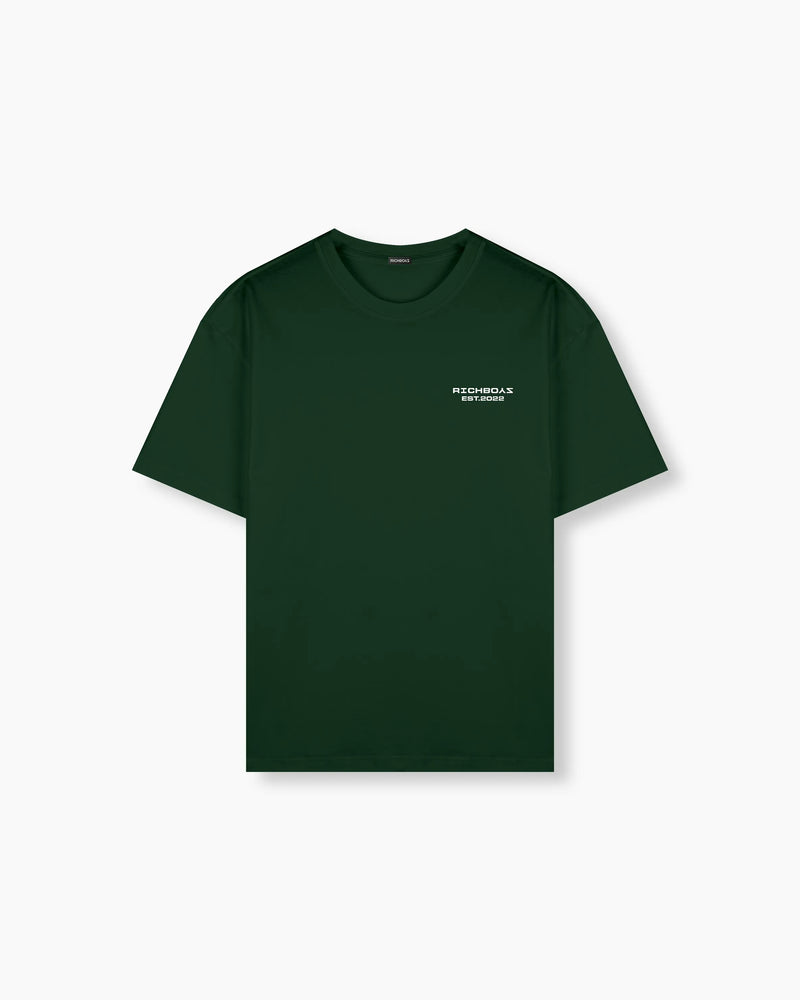 Black t-shirt with a small white logo on a white background