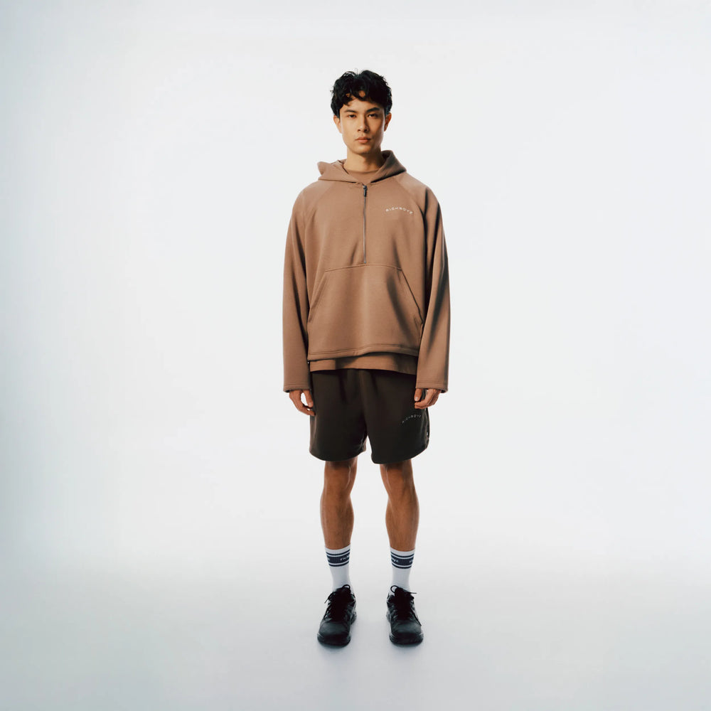 Richboyz Airy Quarter Zip Hoodie Khaki lifestyle shot, post-workout luxury streetwear, Wear The After collection