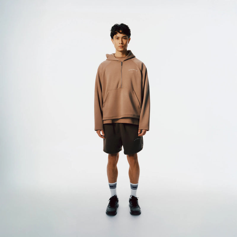 Richboyz Airy Quarter Zip Hoodie Khaki lifestyle shot, post-workout luxury streetwear, Wear The After collection