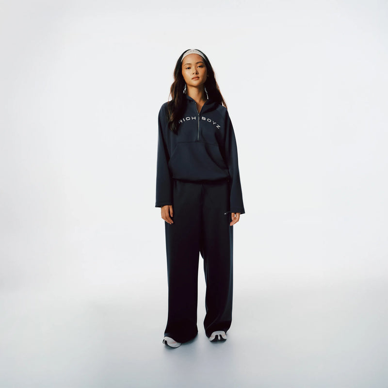 Richboyz Airy Quarter Zip Hoodie Navy Blue lifestyle shot, post-workout luxury streetwear, Wear The After collection