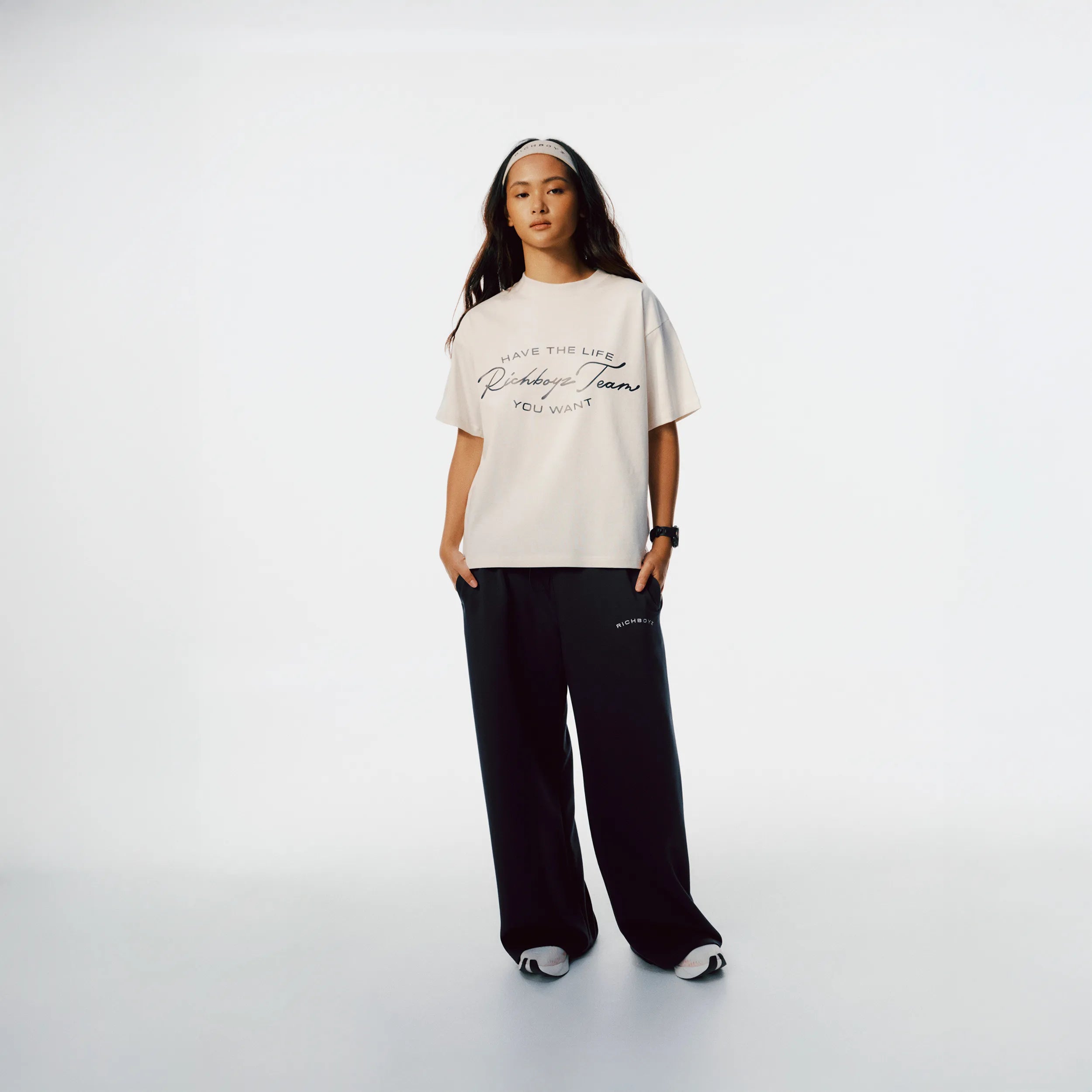 Richboyz Club Tee White lifestyle shot, post-workout luxury streetwear, Wear The After collection